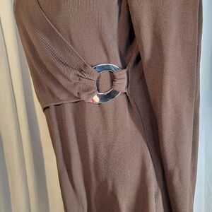 Sexy Ribbed Stretch Chocolate Brown Wrap Dress With Silver Waist Detail